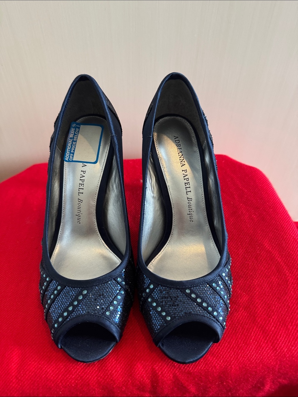Papell Boutique Navy Peep-Toe Heels with Iridescent Rhinestones